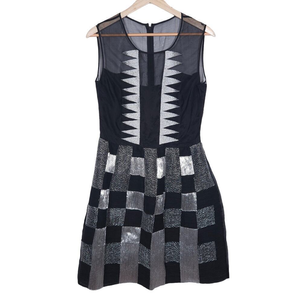 Saloni Dress 8 Black Silver Metallic Silk Geometric Sleeveless Sheer Upper Mini